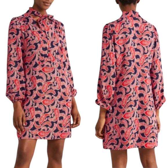 Boden New Dress Shift Tie Neck Long Sleeves Red Blue Paisley Women’s Size 10 - Picture 15 of 15